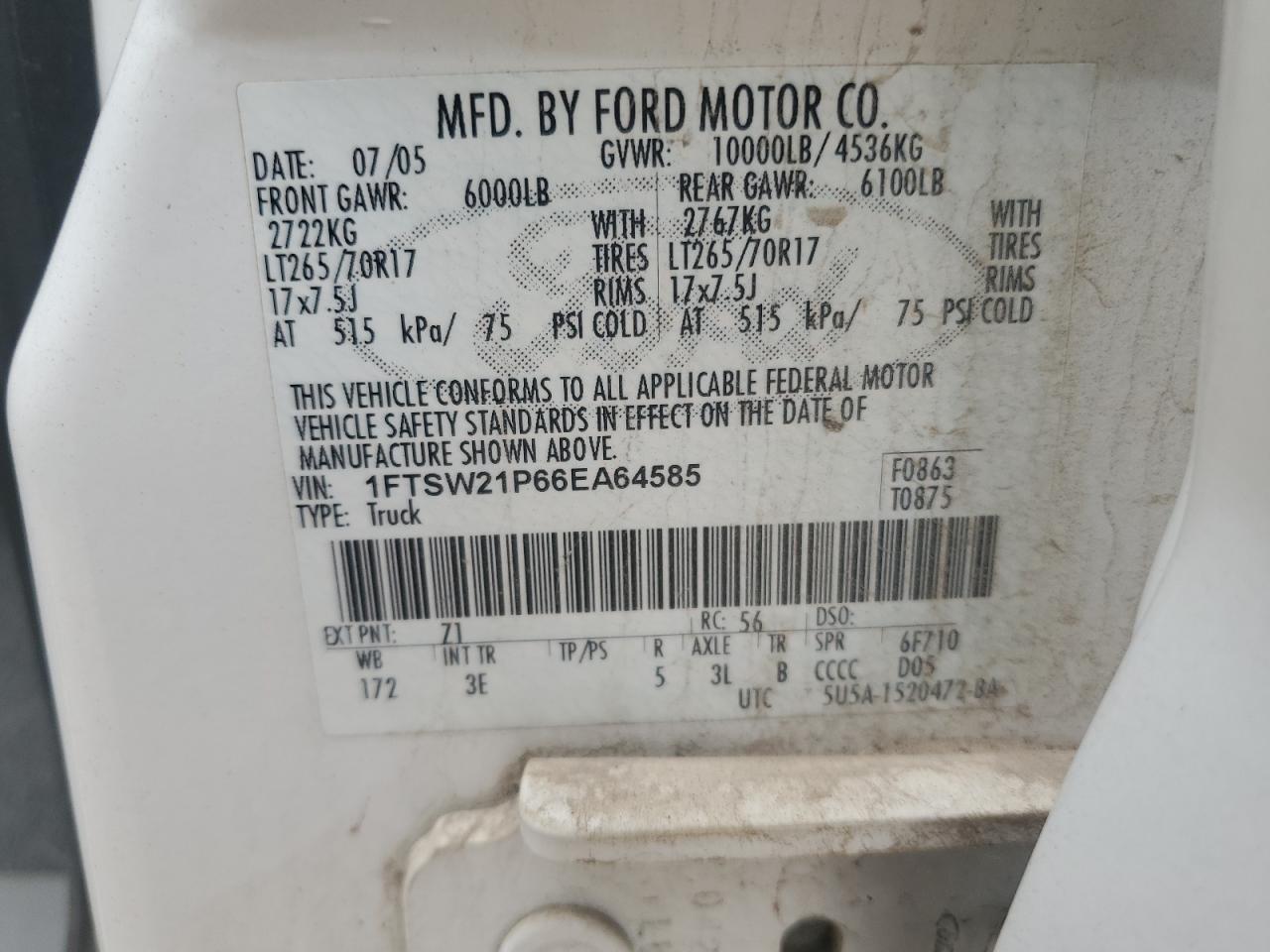 2006 Ford F250 Super Duty VIN: 1FTSW21P66EA64585 Lot: 82371445