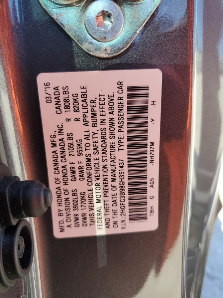 2016 Honda Civic Touring VIN: 2HGFC3B98GH351437 Lot: 82198155