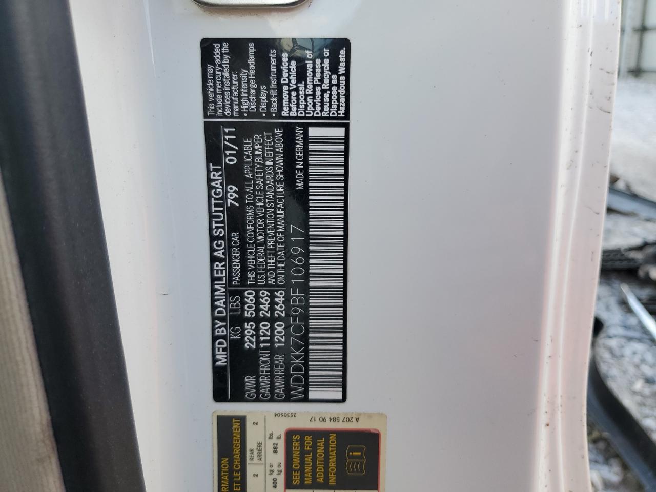 2011 Mercedes-Benz E 550 VIN: WDDKK7CF9BF106917 Lot: 84974375