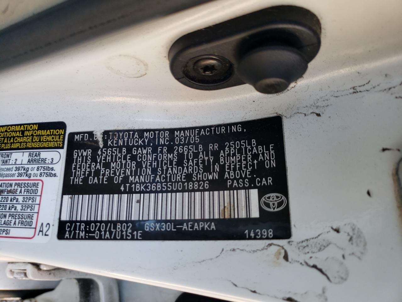 2005 Toyota Avalon Xl VIN: 4T1BK36B55U018826 Lot: 85828785