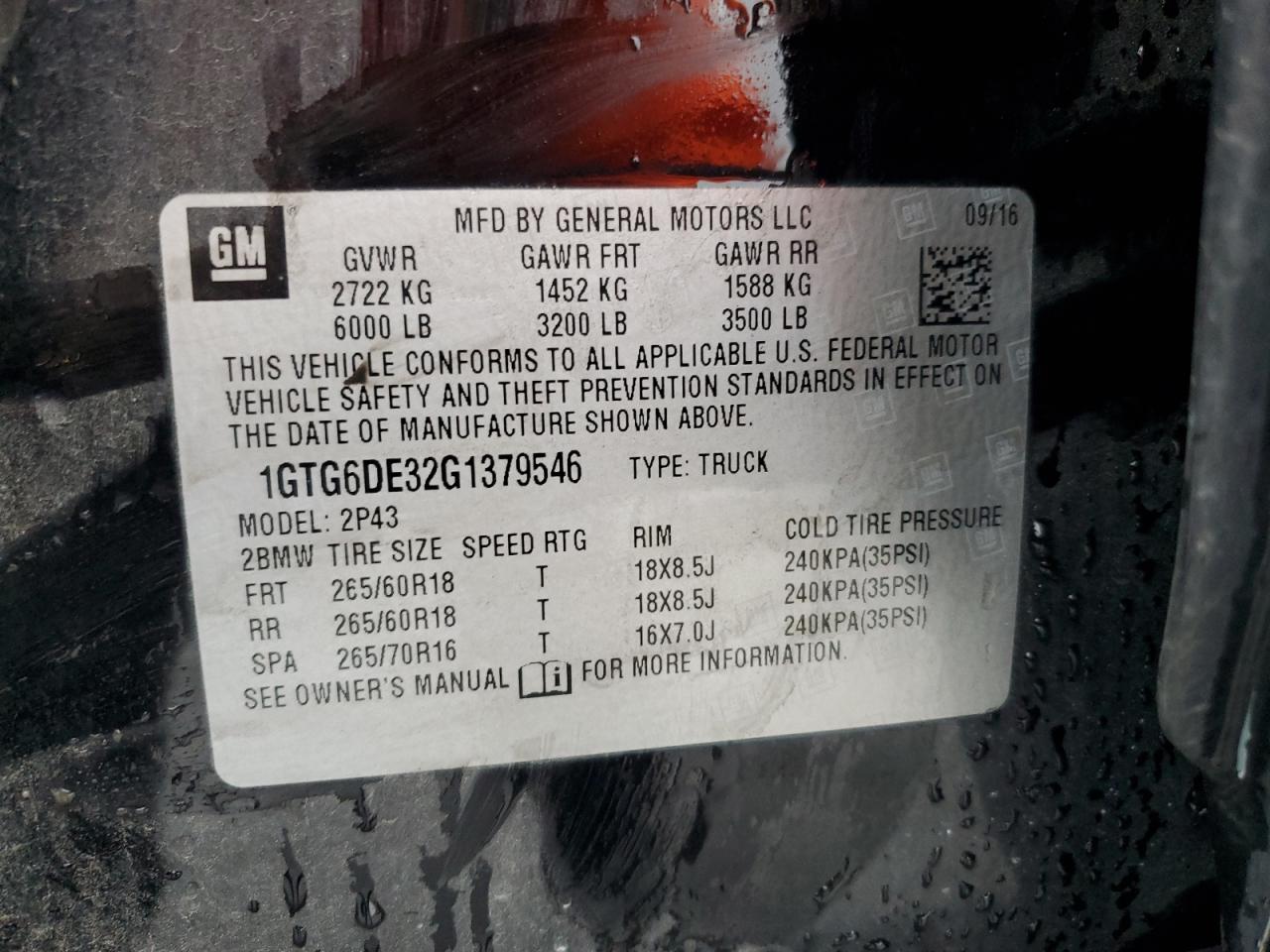 2016 GMC Canyon Slt VIN: 1GTG6DE32G1379546 Lot: 90484715