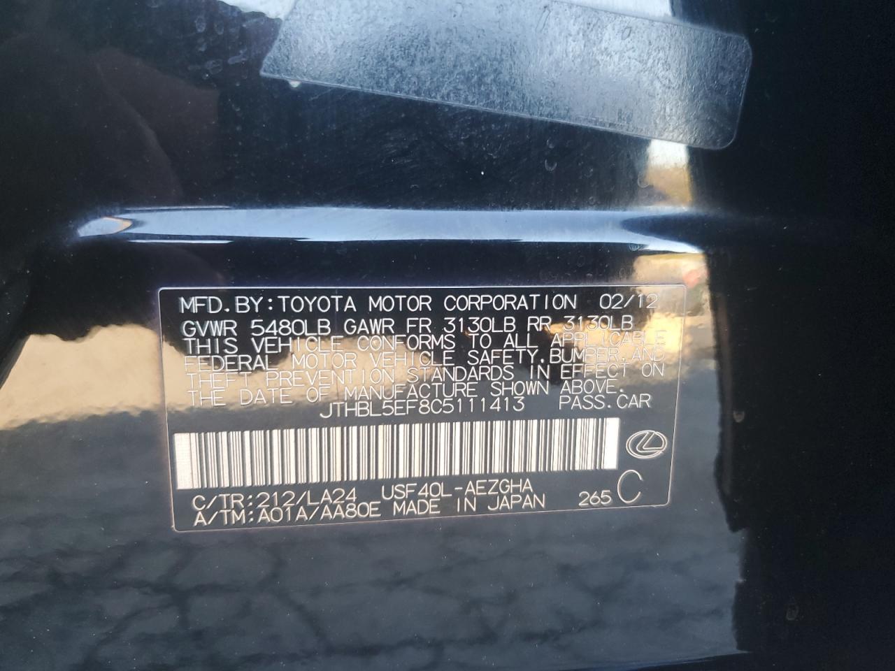 2012 Lexus Ls 460 VIN: JTHBL5EF8C5111413 Lot: 84894335