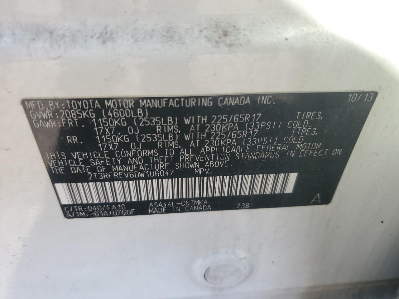 2013 Toyota Rav4 Xle VIN: 2T3RFREV6DW106047 Lot: 85300265