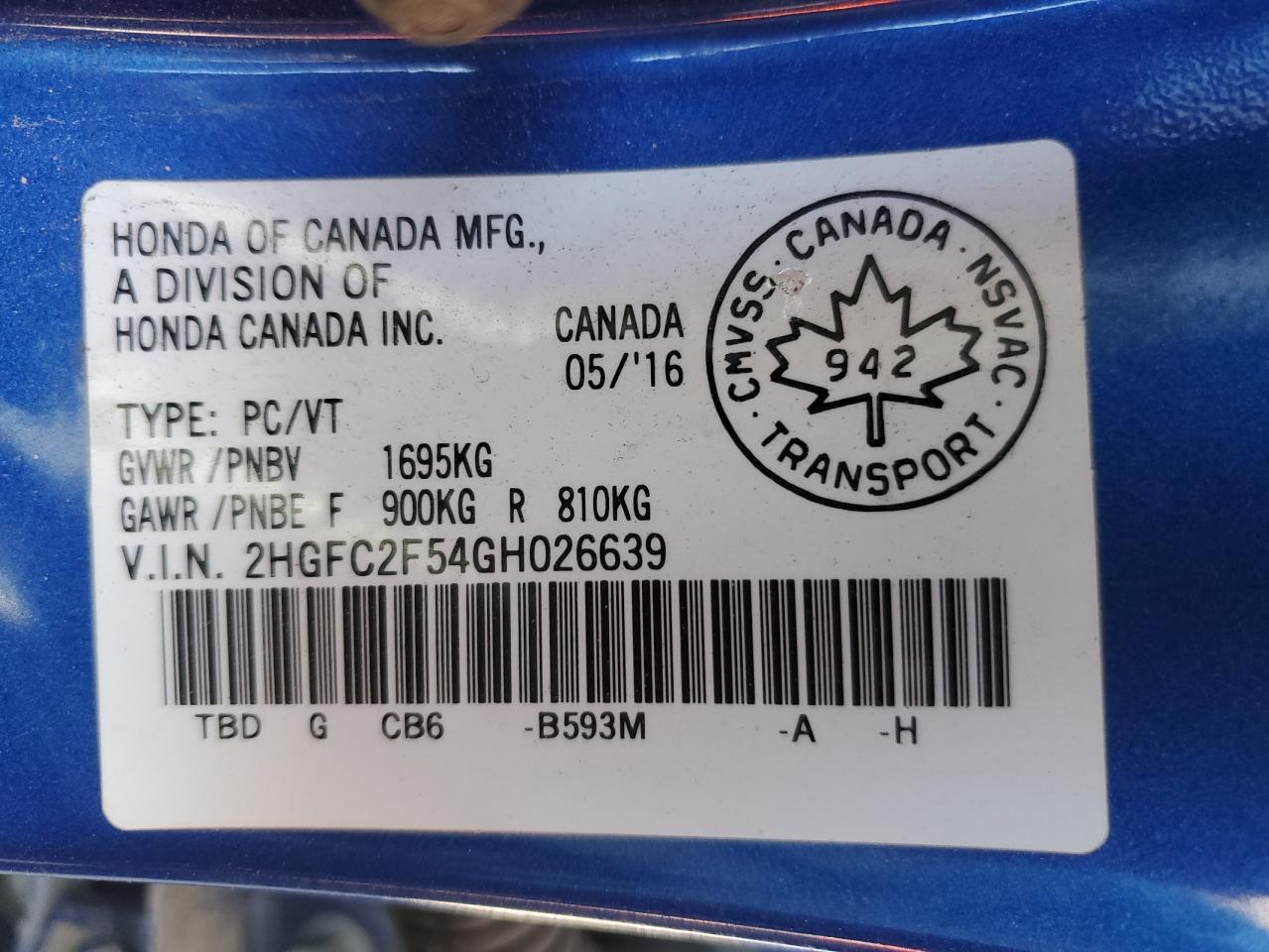 2016 Honda Civic Lx VIN: 2HGFC2F54GH026639 Lot: 82001885