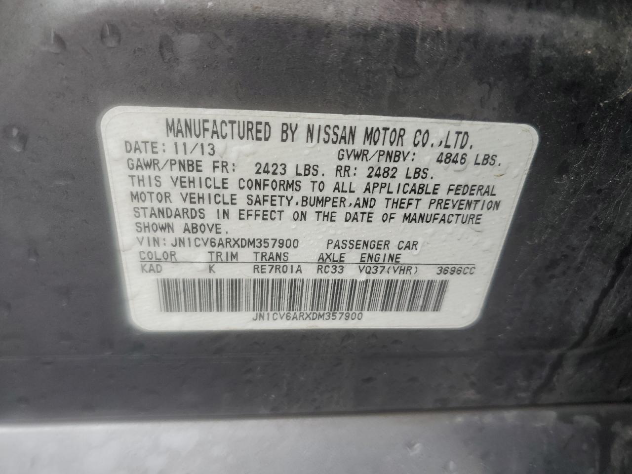 2013 Infiniti G37 VIN: JN1CV6ARXDM357900 Lot: 82415845