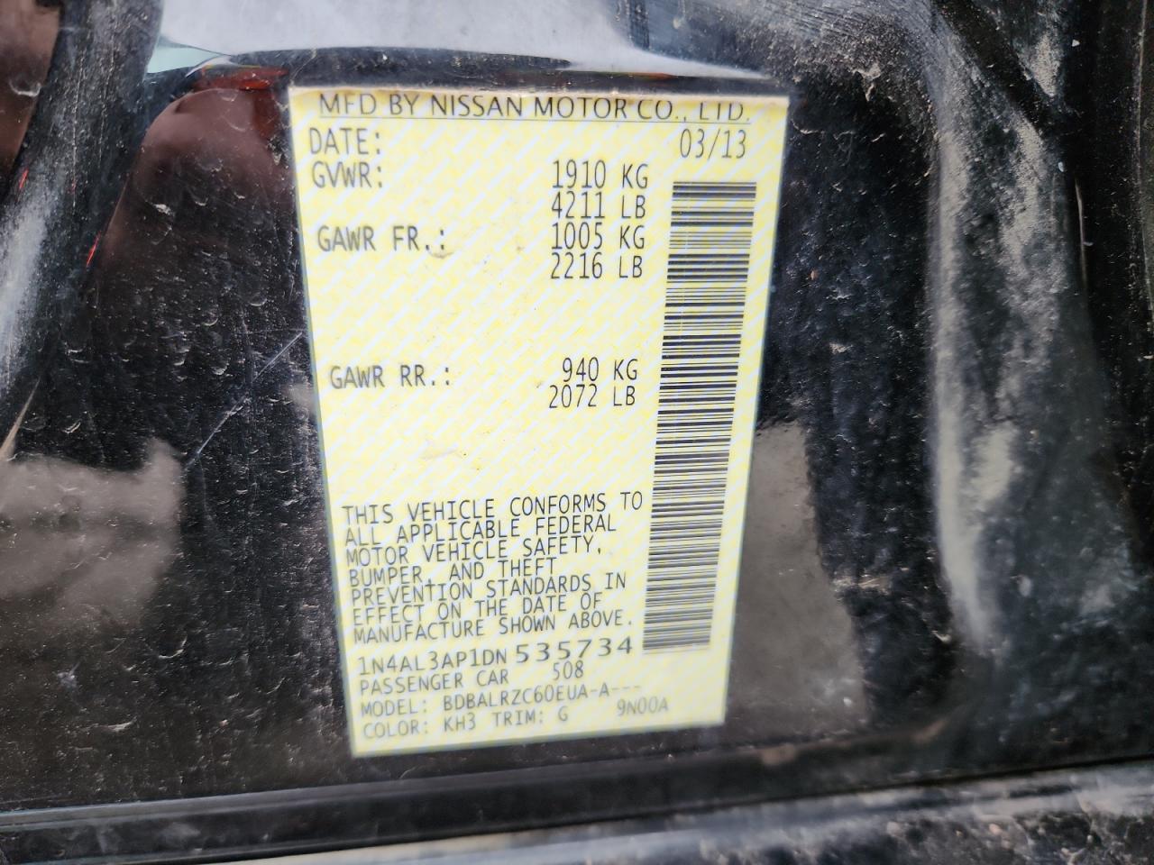 2013 Nissan Altima 2.5 VIN: 1N4AL3AP1DN535734 Lot: 90078205