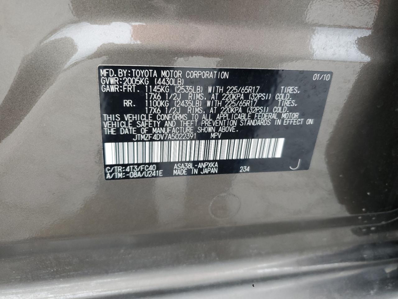 2010 Toyota Rav4 VIN: JTMZF4DV7A5022391 Lot: 85744645