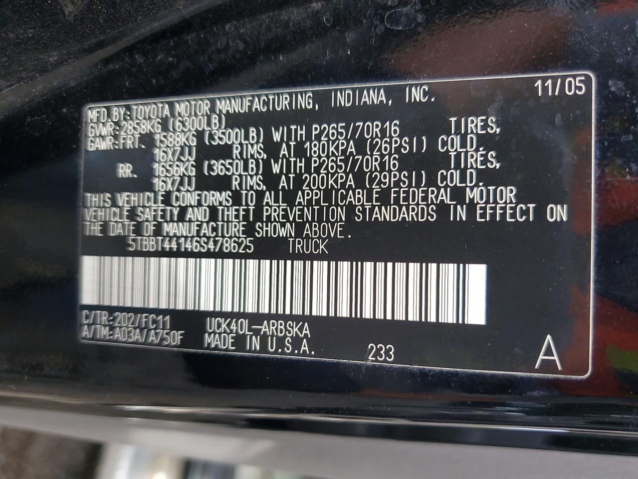 2006 Toyota Tundra Access Cab Sr5 VIN: 5TBBT44146S478625 Lot: 82004005