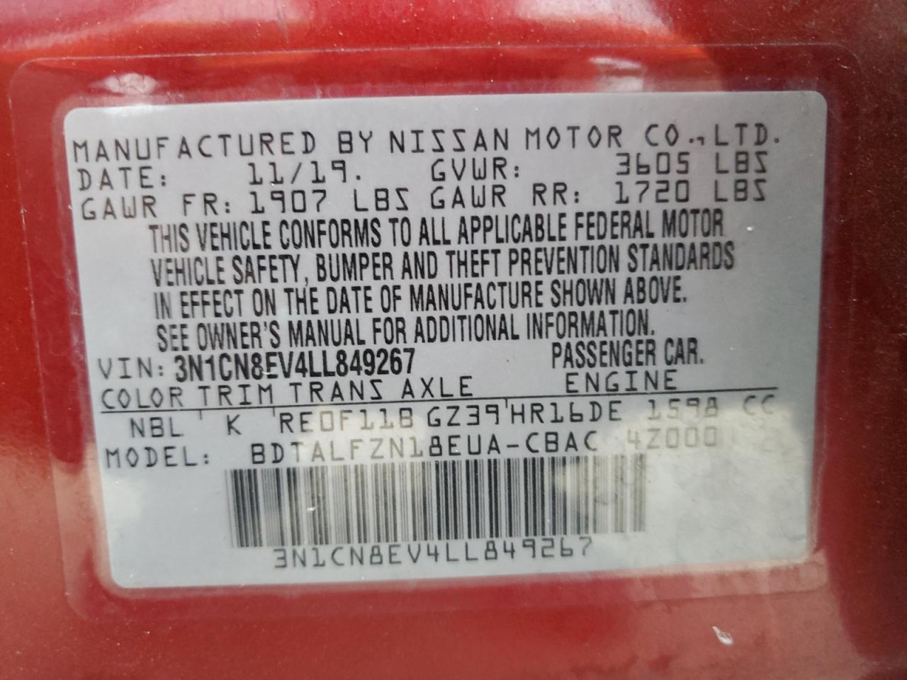 2020 Nissan Versa Sv VIN: 3N1CN8EV4LL849267 Lot: 85145195