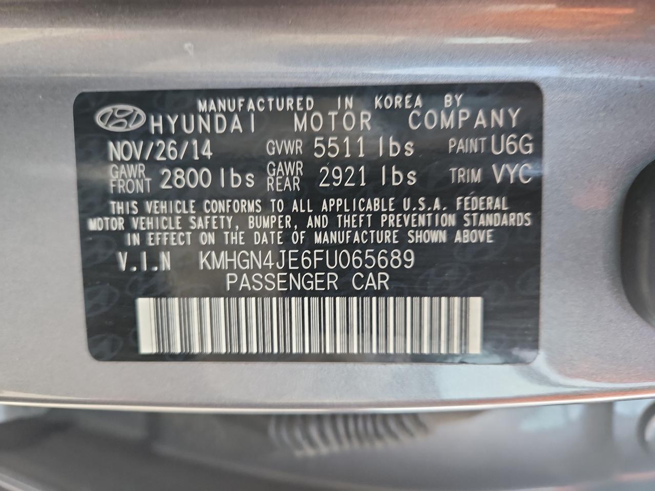 2015 Hyundai Genesis 3.8L VIN: KMHGN4JE6FU065689 Lot: 82189815