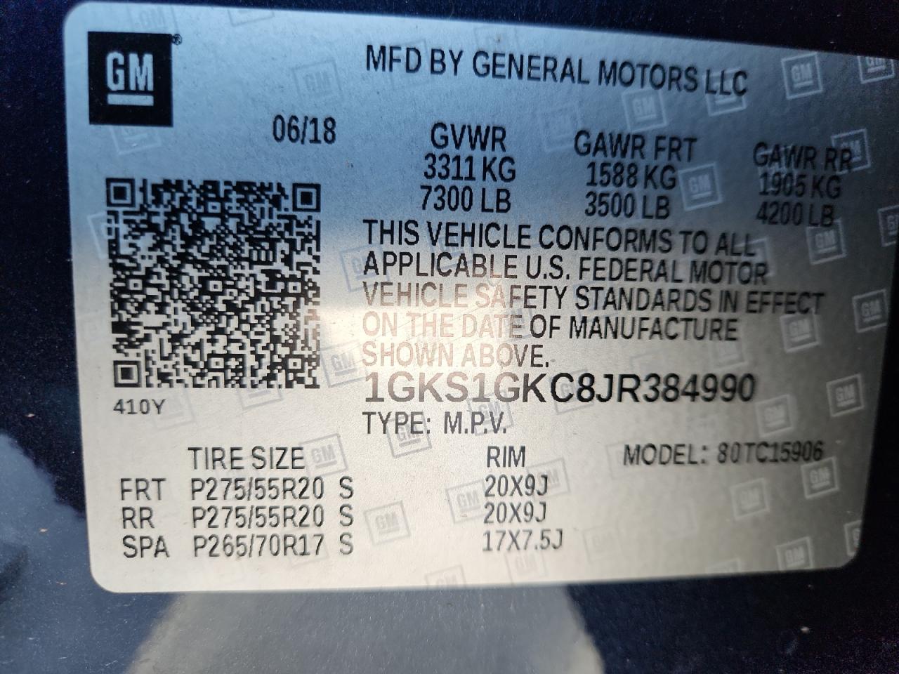 2018 GMC Yukon Xl C1500 Slt VIN: 1GKS1GKC8JR384990 Lot: 87369305