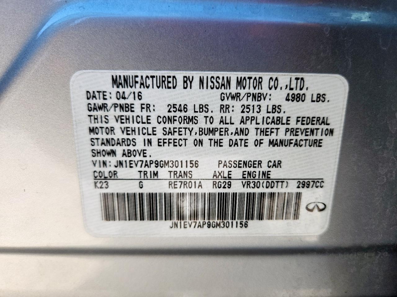 2016 Infiniti Q50 Premium VIN: JN1EV7AP9GM301156 Lot: 91190785