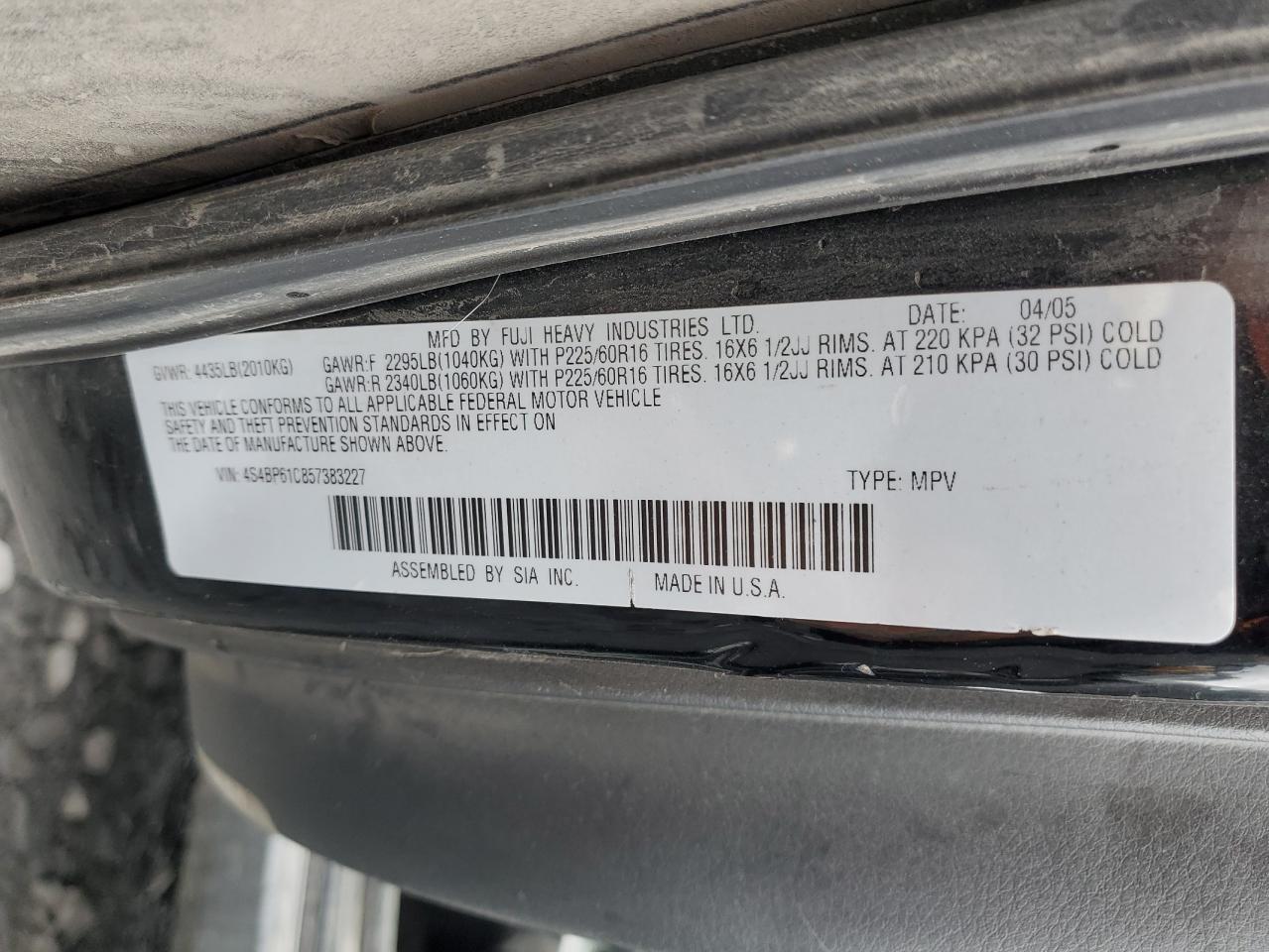2005 Subaru Legacy Outback 2.5I VIN: 4S4BP61C857383227 Lot: 82394455
