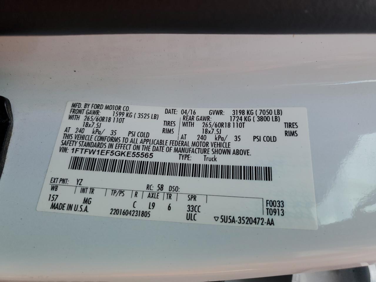 2016 Ford F150 Supercrew VIN: 1FTFW1EF5GKE55565 Lot: 87185065