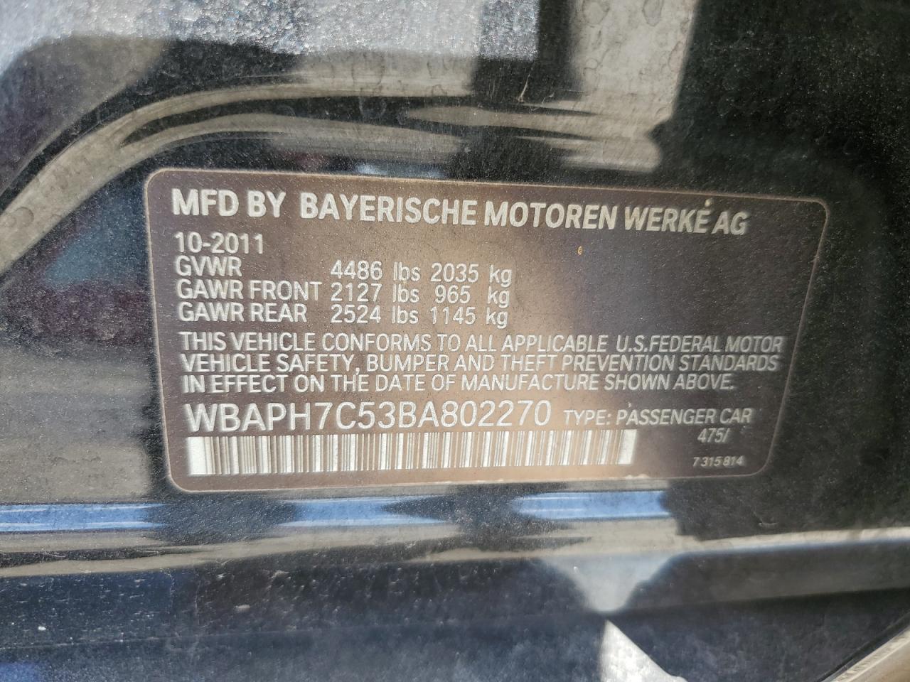 2011 BMW 328 I VIN: WBAPH7C53BA802270 Lot: 86462905