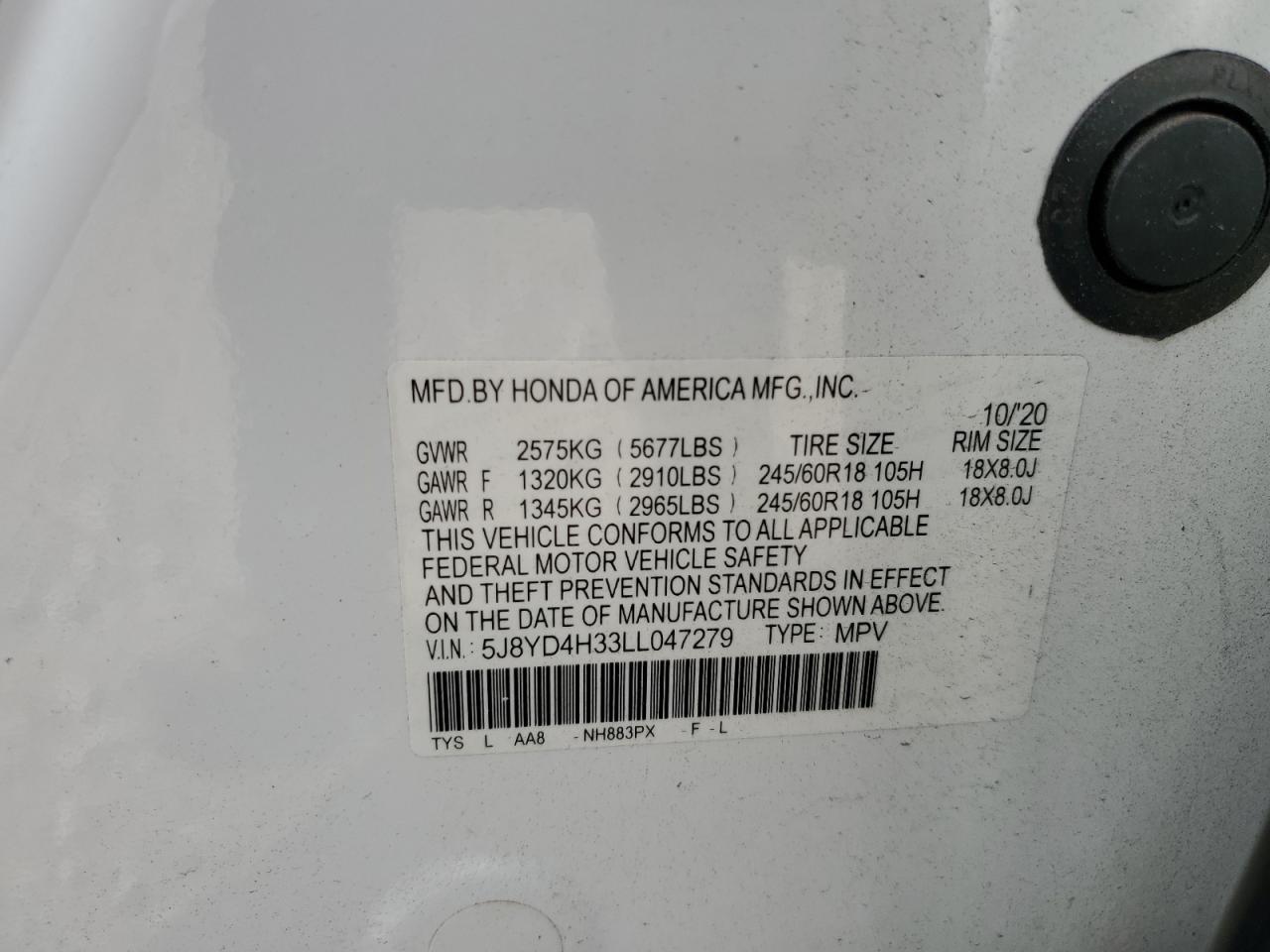 2020 Acura Mdx VIN: 5J8YD4H33LL047279 Lot: 86997525