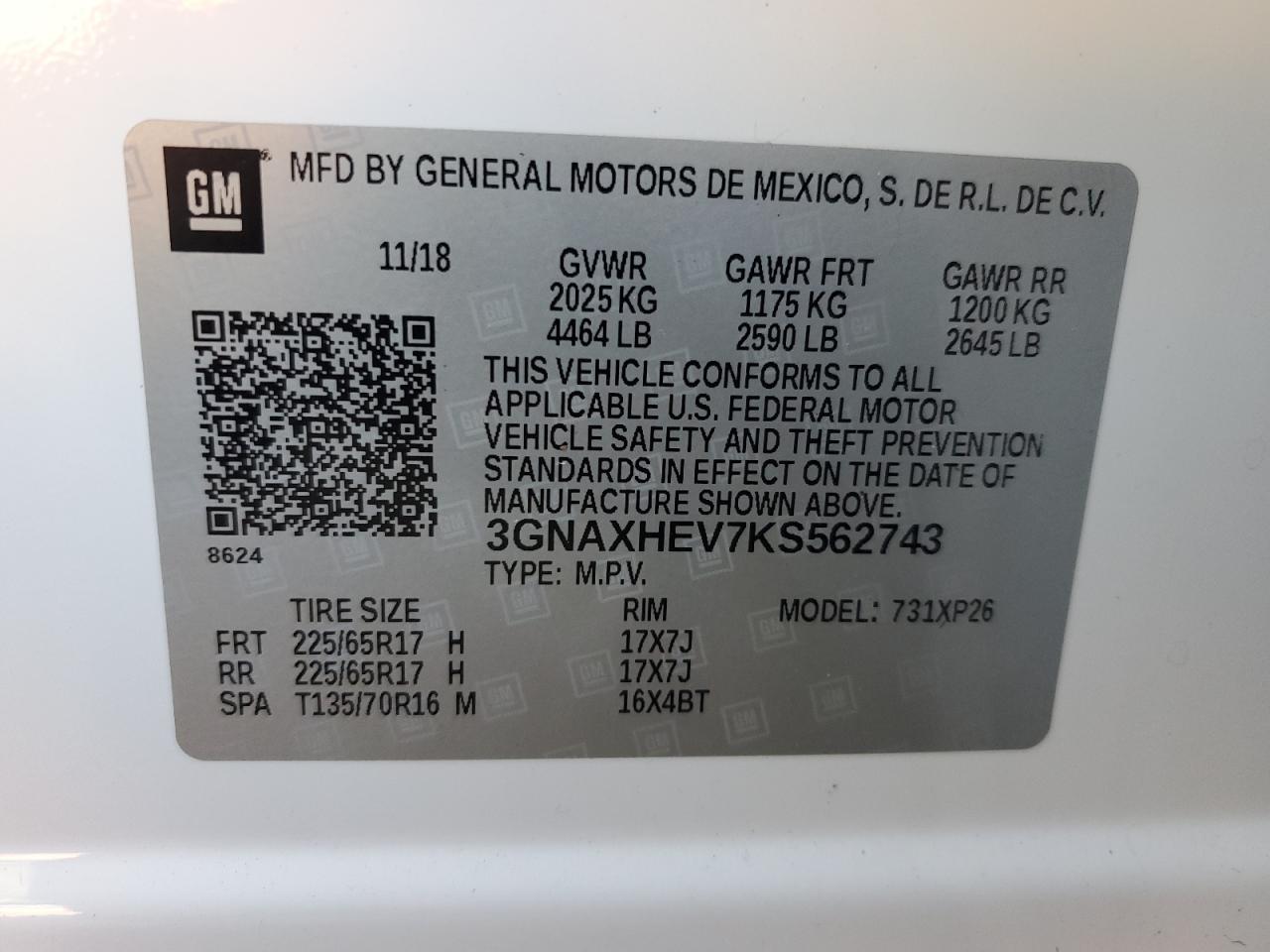 2019 Chevrolet Equinox Ls VIN: 3GNAXHEV7KS562743 Lot: 81970105