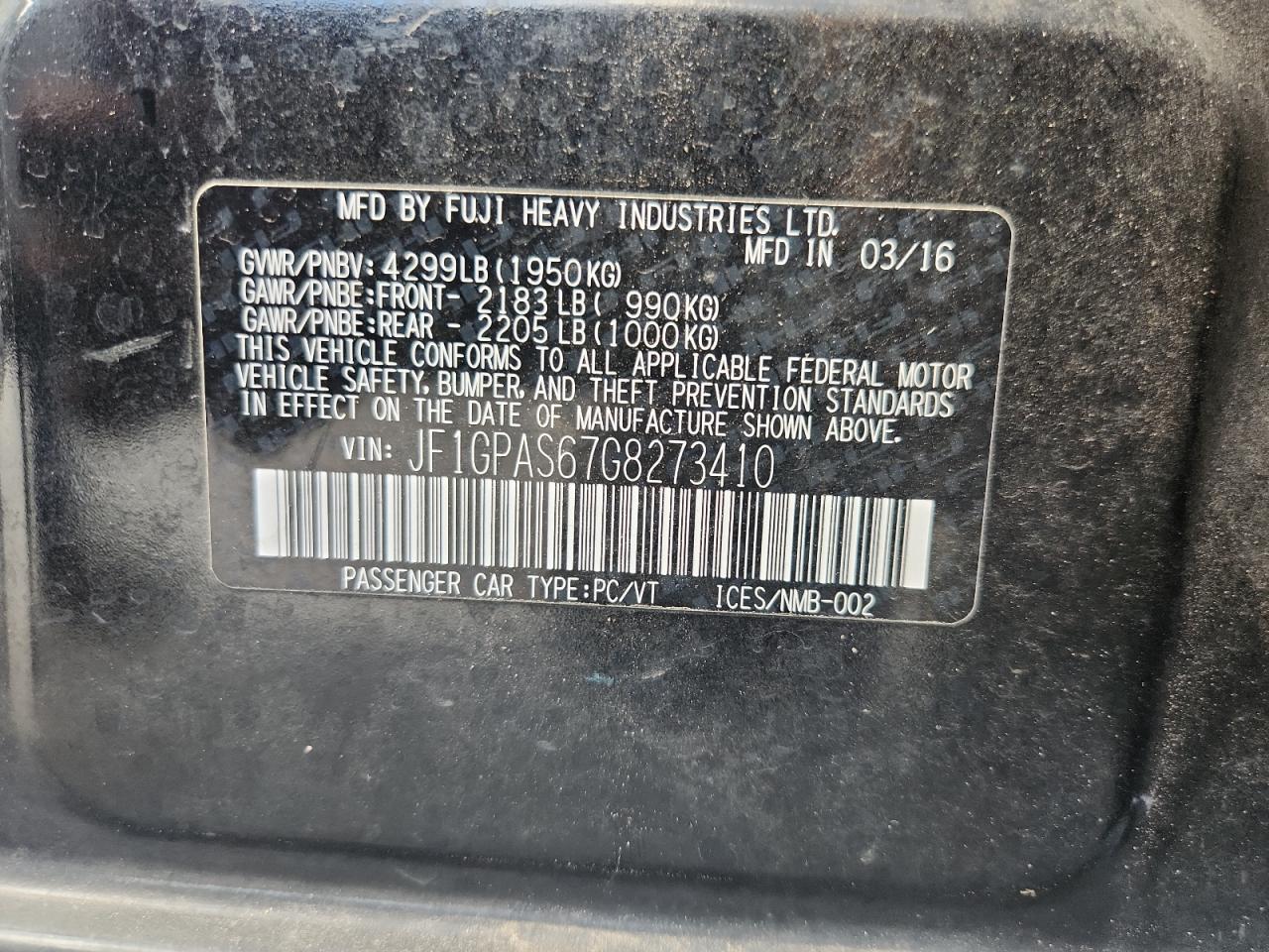 2016 Subaru Impreza Sport VIN: JF1GPAS67G8273410 Lot: 85903675