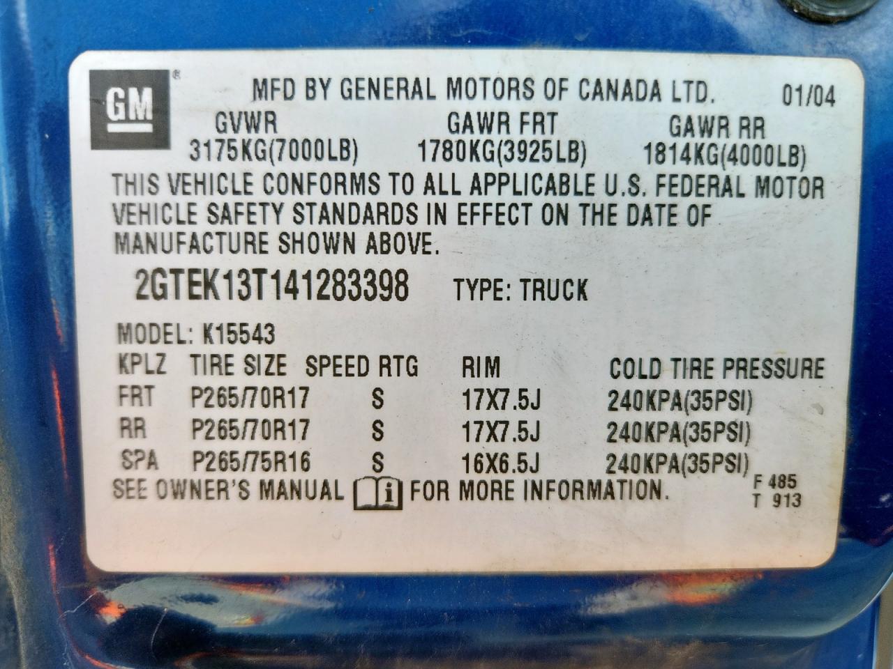 2004 GMC New Sierra K1500 VIN: 2GTEK13T141283398 Lot: 85854715