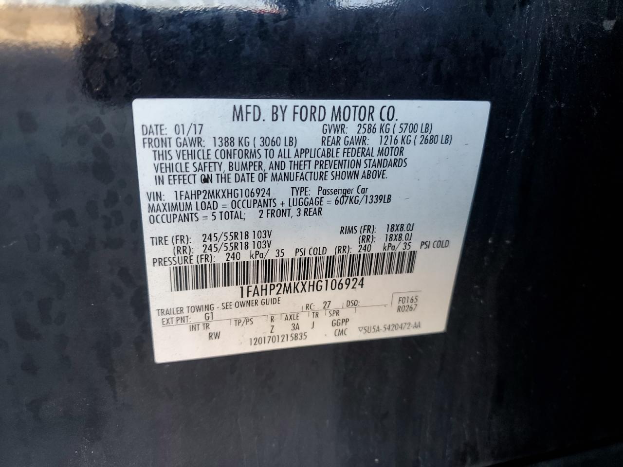 2017 Ford Taurus Police Interceptor VIN: 1FAHP2MKXHG106924 Lot: 82533395