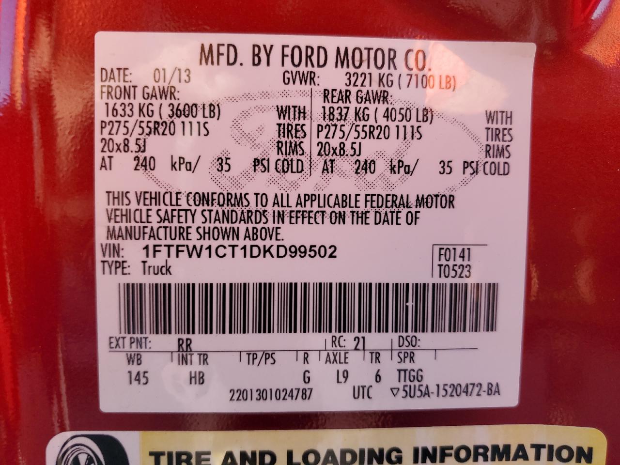 2013 Ford F150 Supercrew VIN: 1FTFW1CT1DKD99502 Lot: 85679635