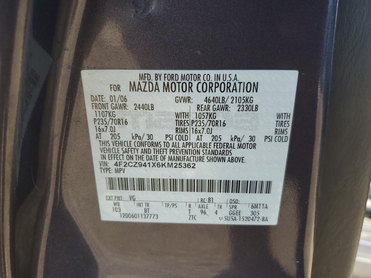 2006 Mazda Tribute S VIN: 4F2CZ941X6KM25362 Lot: 85913185