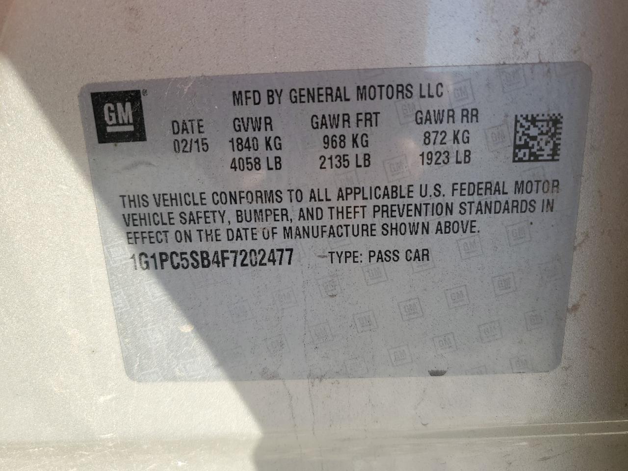 2015 Chevrolet Cruze Lt VIN: 1G1PC5SB4F7202477 Lot: 84656785