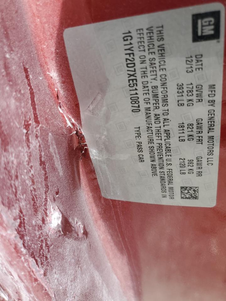 2014 Chevrolet Corvette Stingray 3Lt VIN: 1G1YF2D7XE5110870 Lot: 84544045