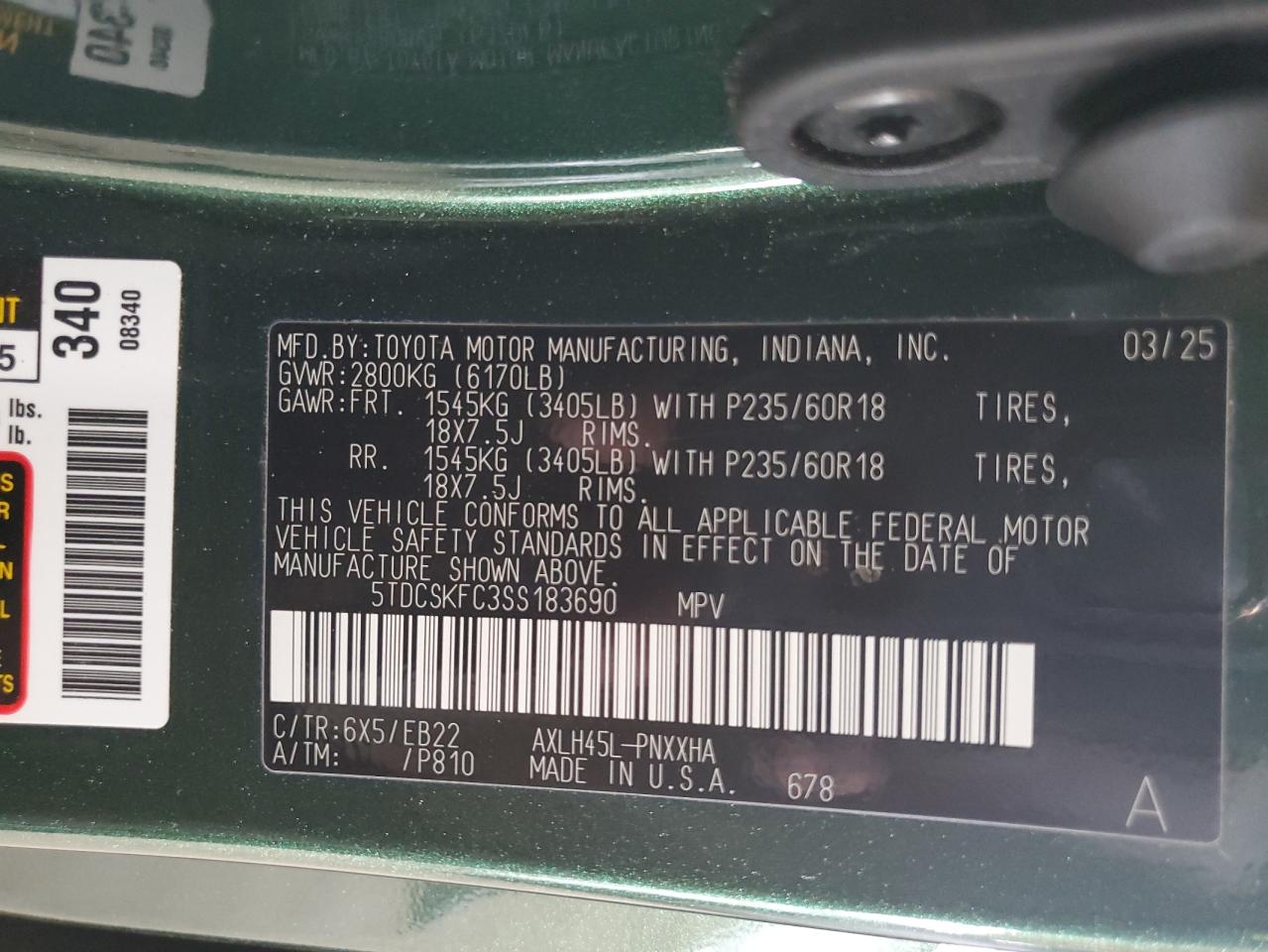 2025 Toyota Sienna Xse VIN: 5TDCSKFC3SS183690 Lot: 85358535