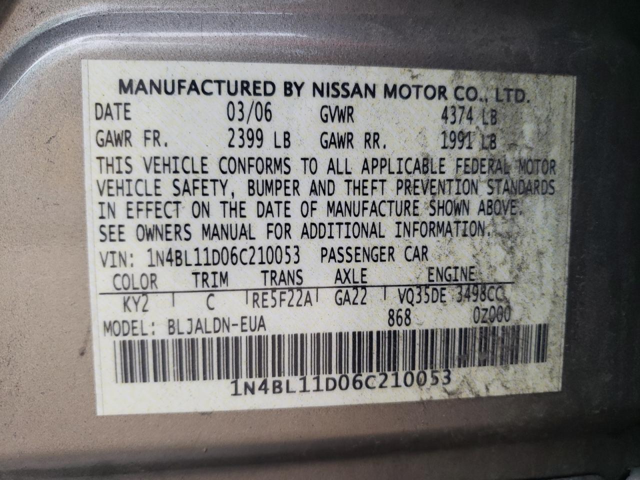 2006 Nissan Altima Se VIN: 1N4BL11D06C210053 Lot: 86253825