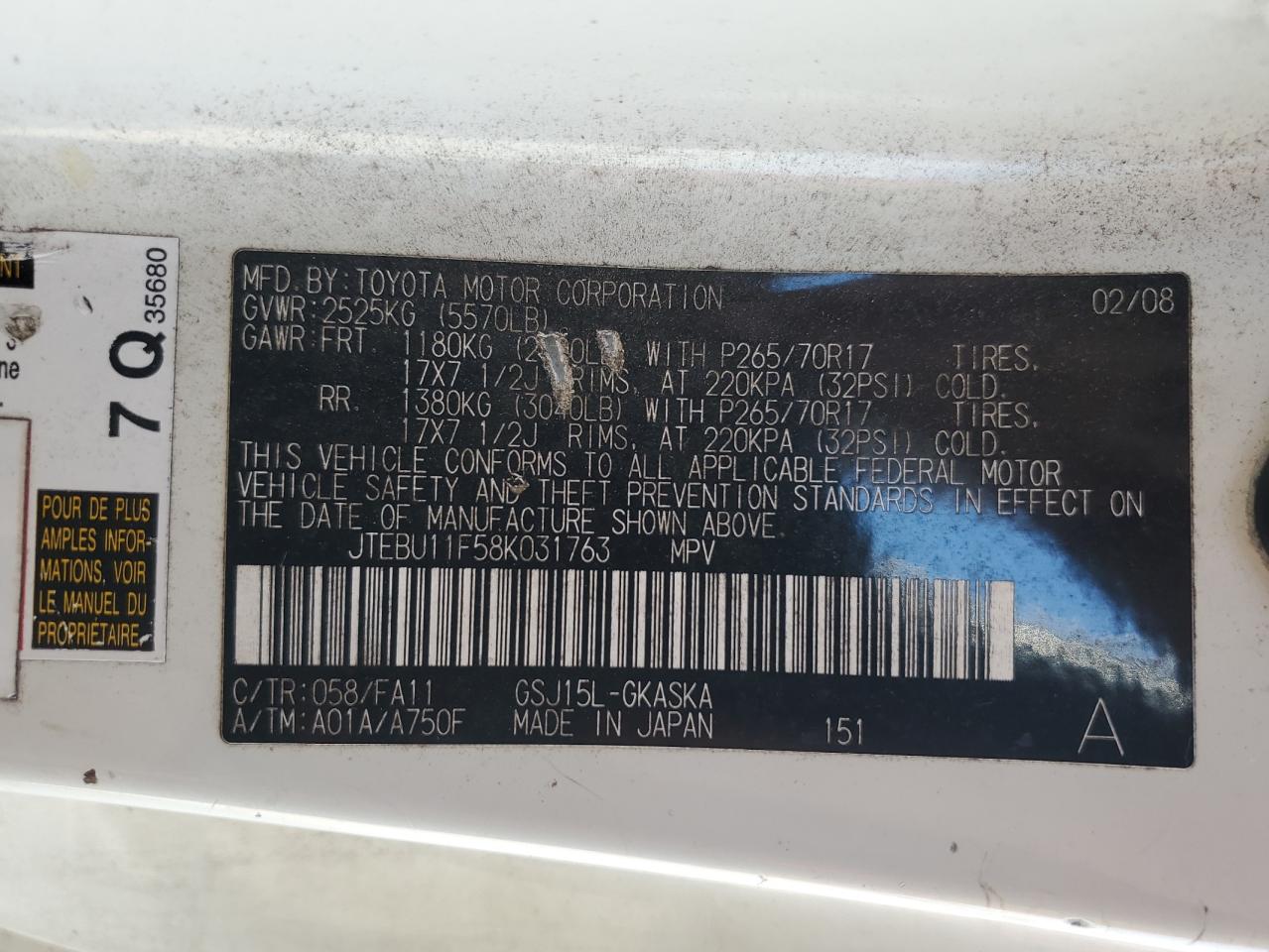 2008 Toyota Fj Cruiser VIN: JTEBU11F58K031763 Lot: 81955125