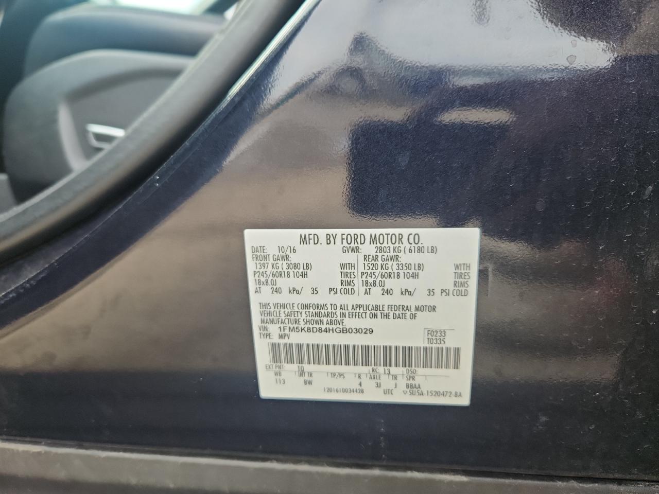 2017 Ford Explorer Xlt VIN: 1FM5K8D84HGB03029 Lot: 86893595