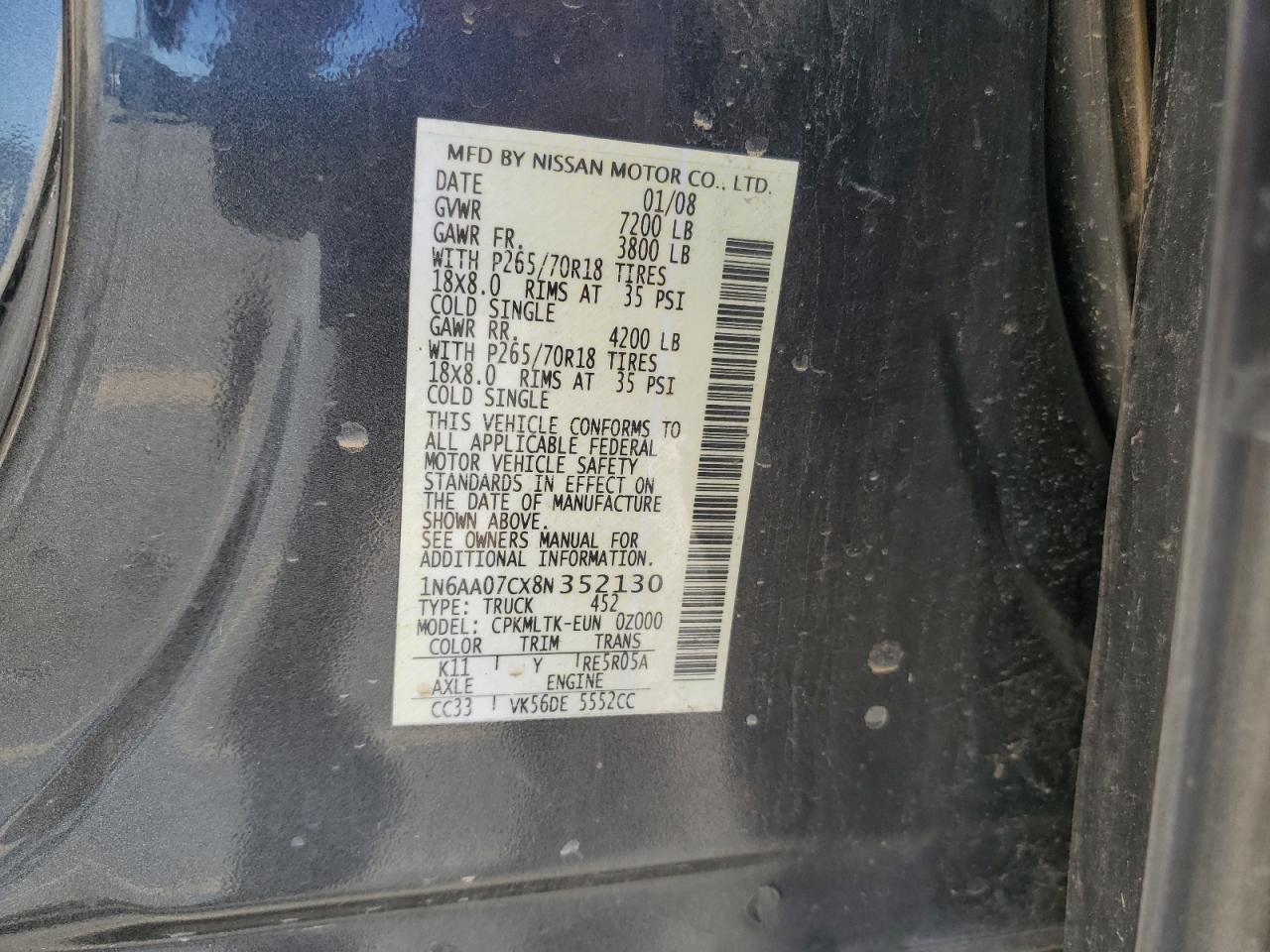 2008 Nissan Titan Xe VIN: 1N6AA07CX8N352130 Lot: 85909155