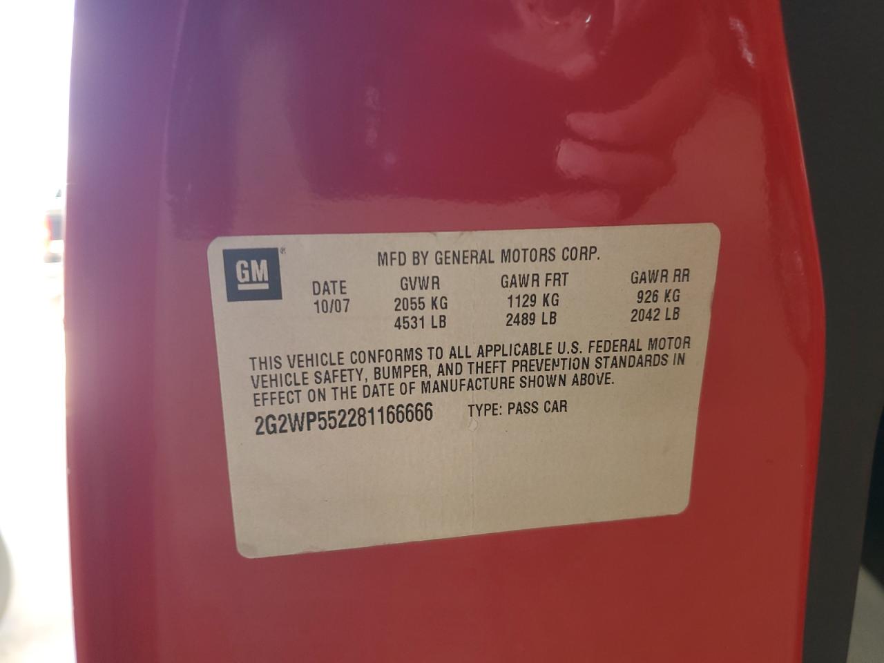 2008 Pontiac Grand Prix VIN: 2G2WP552281166666 Lot: 85647055