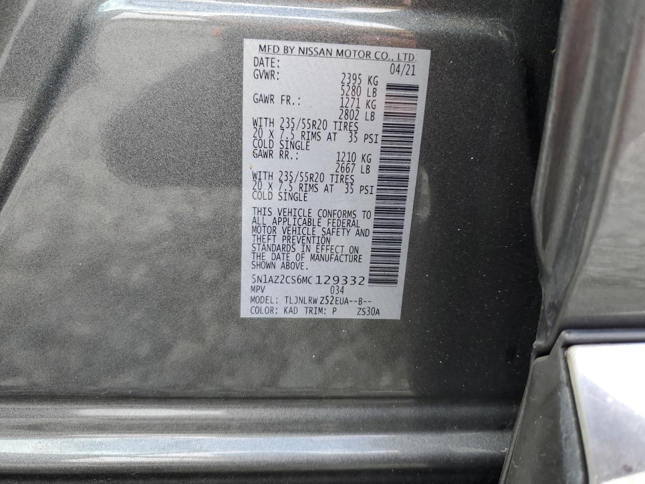 2021 Nissan Murano Sl VIN: 5N1AZ2CS6MC129332 Lot: 85565985