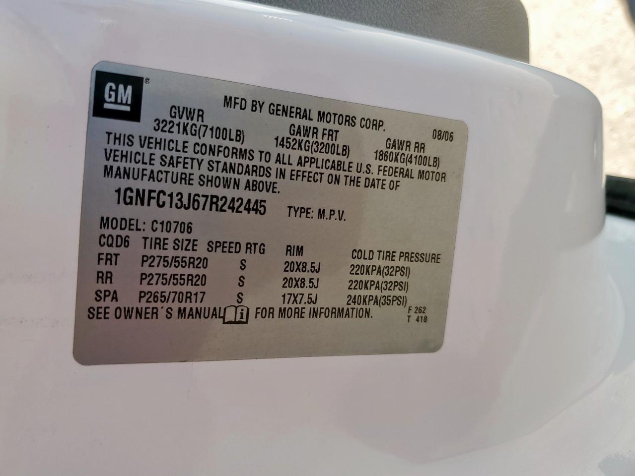 2007 Chevrolet Tahoe C1500 VIN: 1GNFC13J67R242445 Lot: 90869395