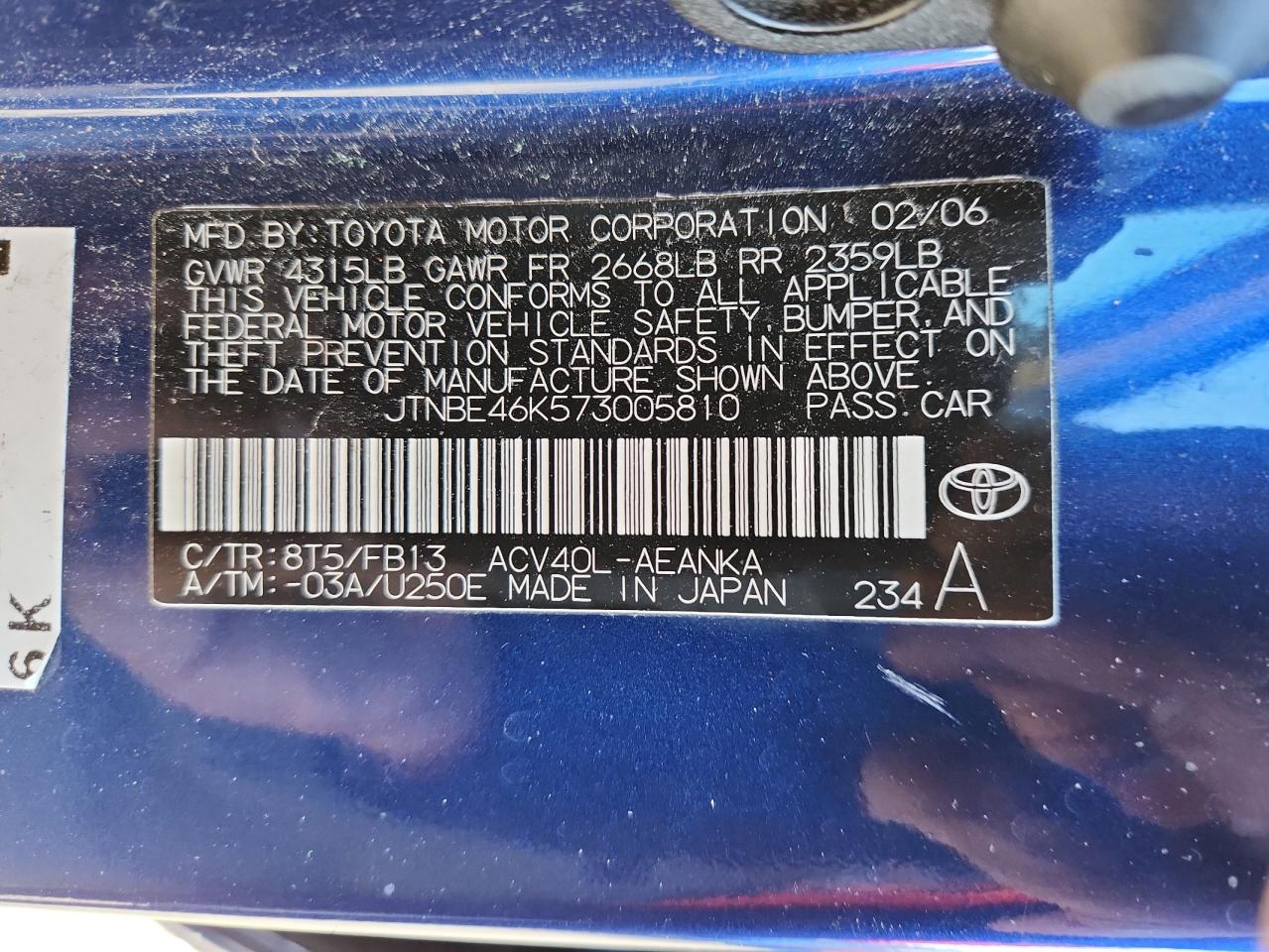 2007 Toyota Camry Ce VIN: JTNBE46K573005810 Lot: 84782265