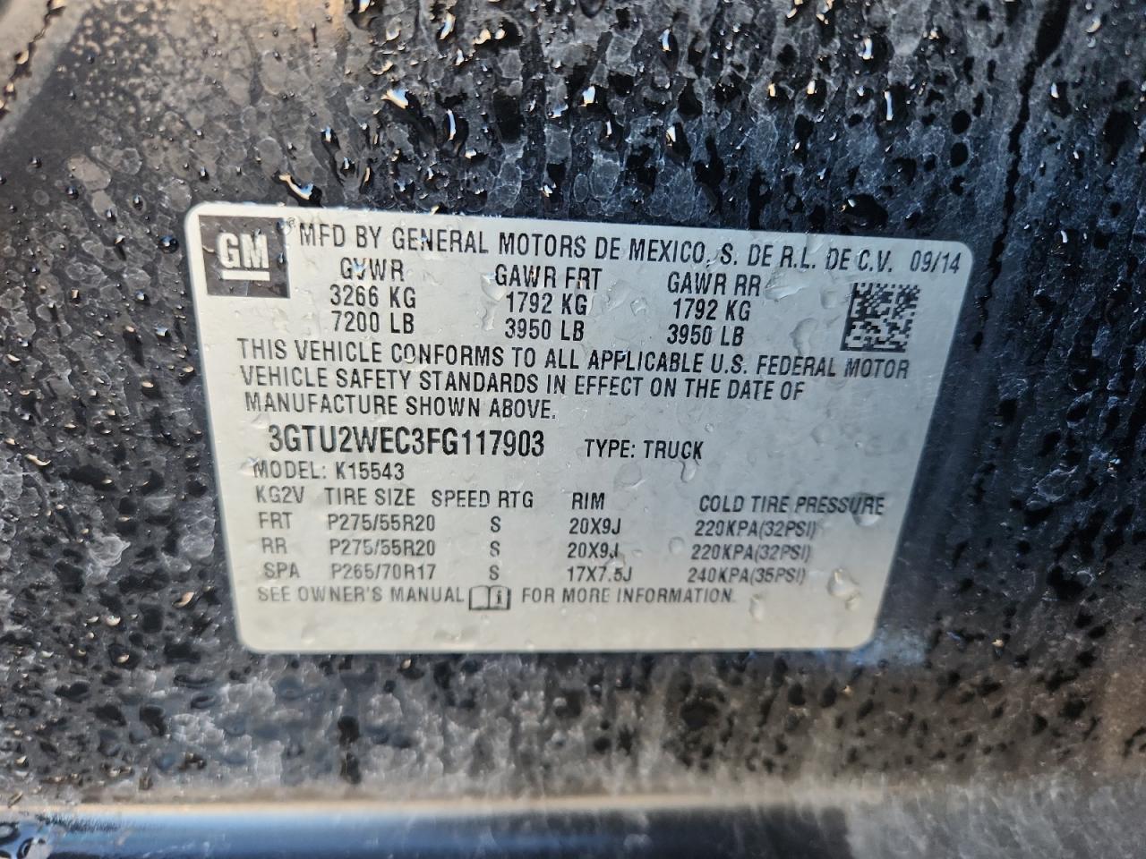 2015 GMC Sierra K1500 Denali VIN: 3GTU2WEC3FG117903 Lot: 90045715