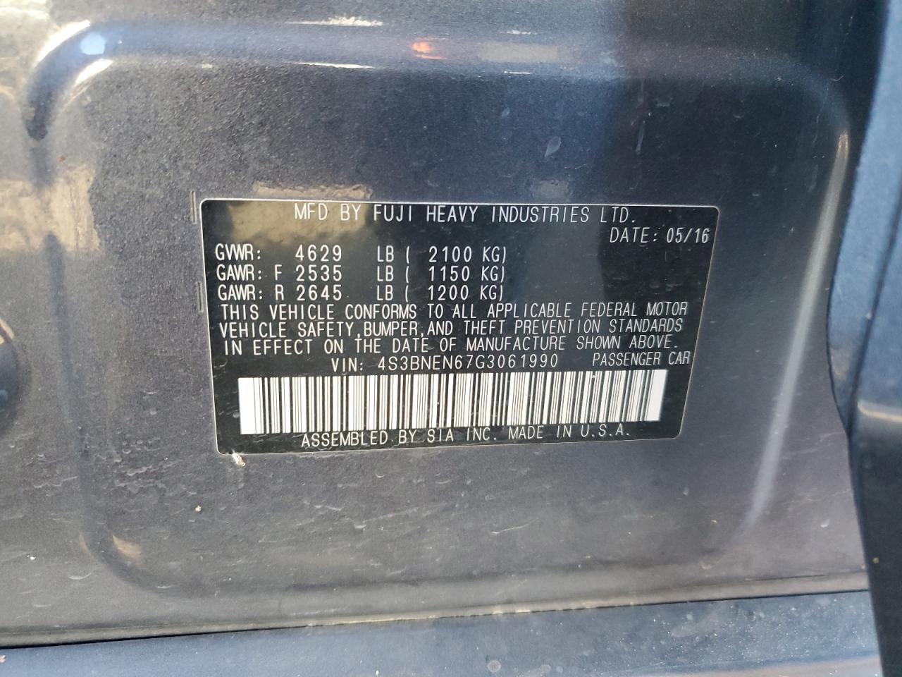 2016 Subaru Legacy 3.6R Limited VIN: 4S3BNEN67G3061990 Lot: 87236175