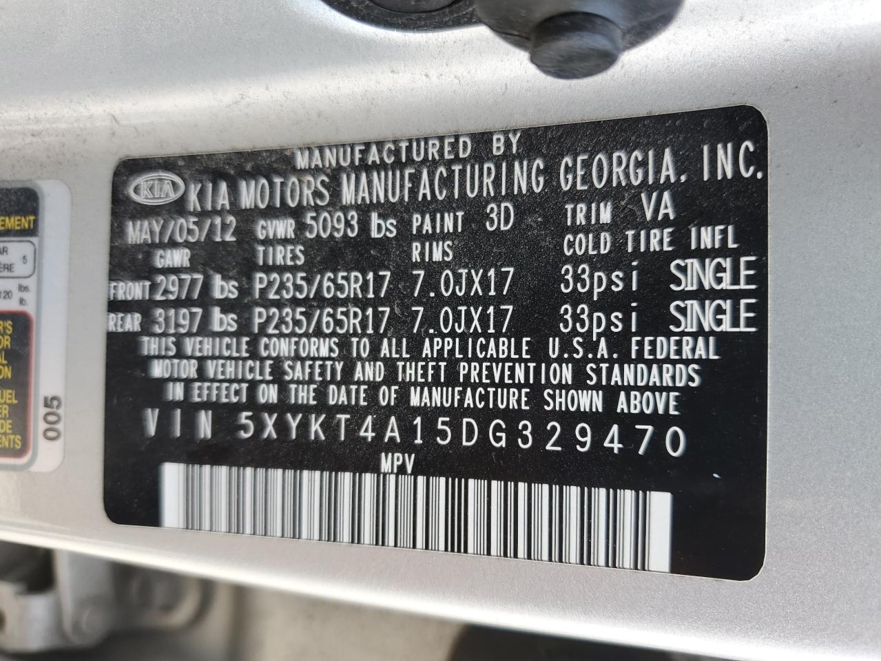 2013 Kia Sorento Lx VIN: 5XYKT4A15DG329470 Lot: 81941165