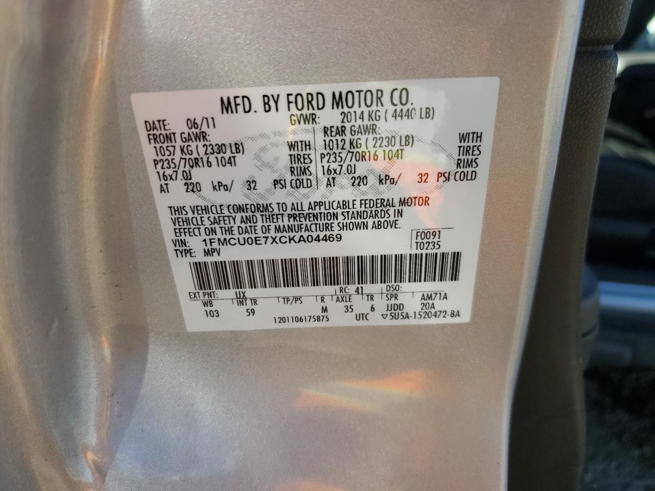 2012 Ford Escape Limited VIN: 1FMCU0E7XCKA04469 Lot: 85184185