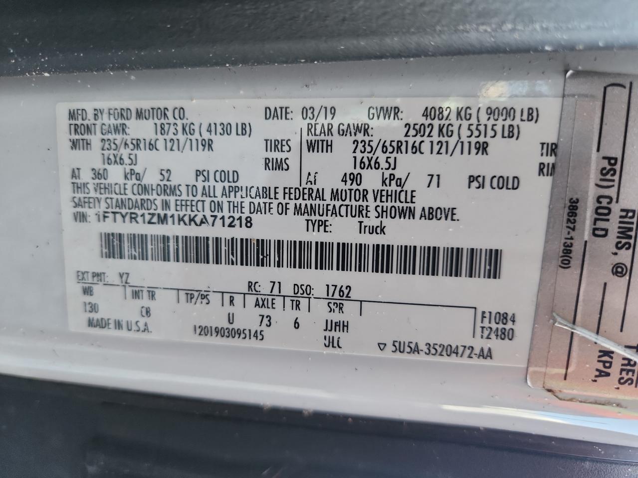 2019 Ford Transit Van T-250 Lo VIN: 1FTYR1ZM1KKA71218 Lot: 85850035