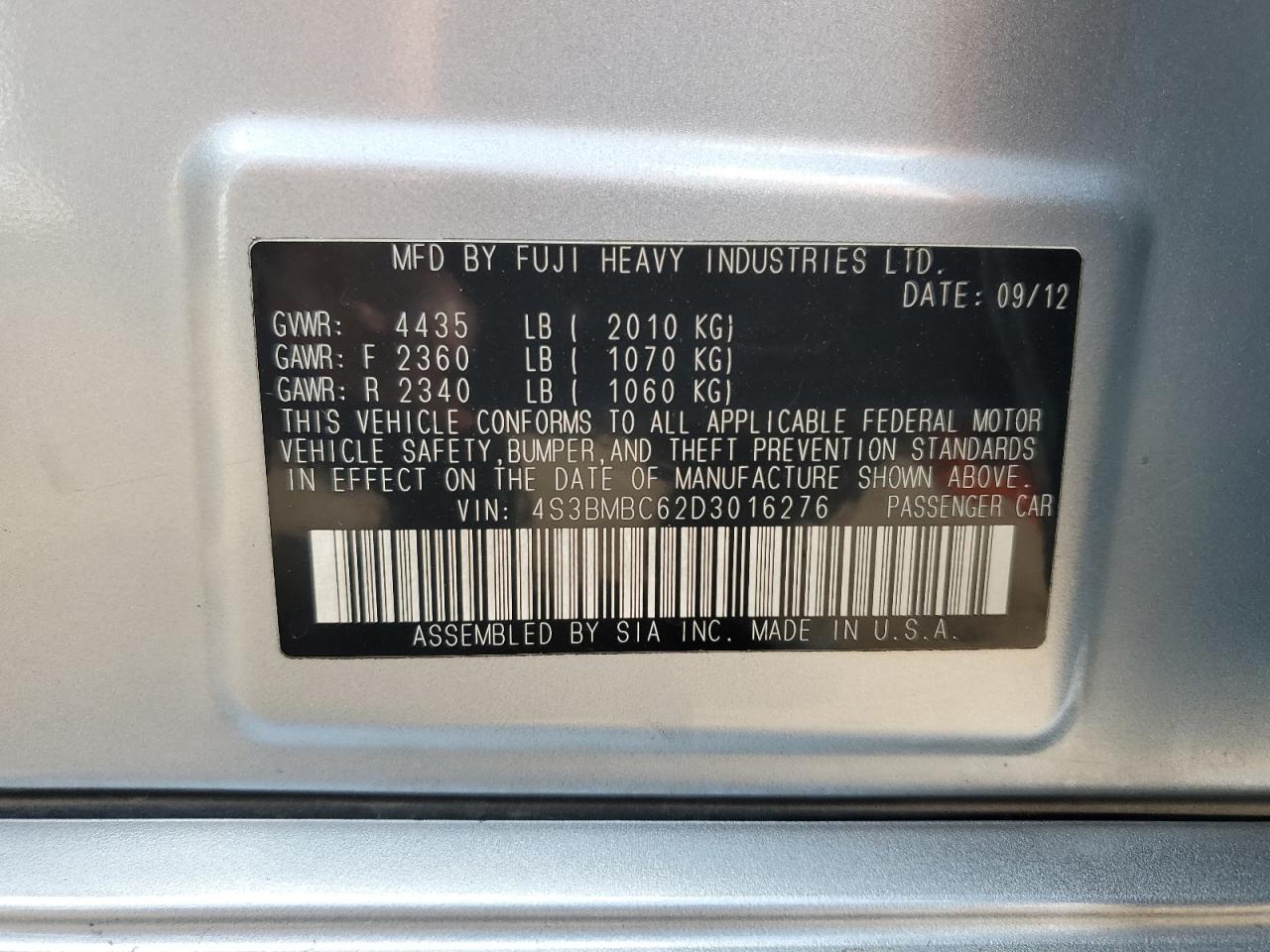 2013 Subaru Legacy 2.5I Premium VIN: 4S3BMBC62D3016276 Lot: 81997935