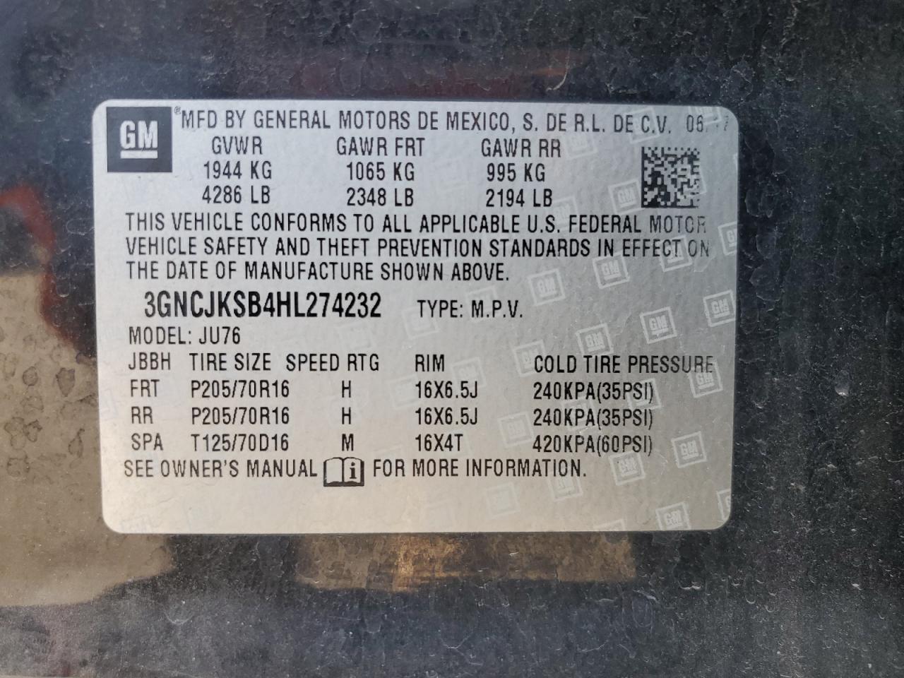 2017 Chevrolet Trax Ls VIN: 3GNCJKSB4HL274232 Lot: 91108325