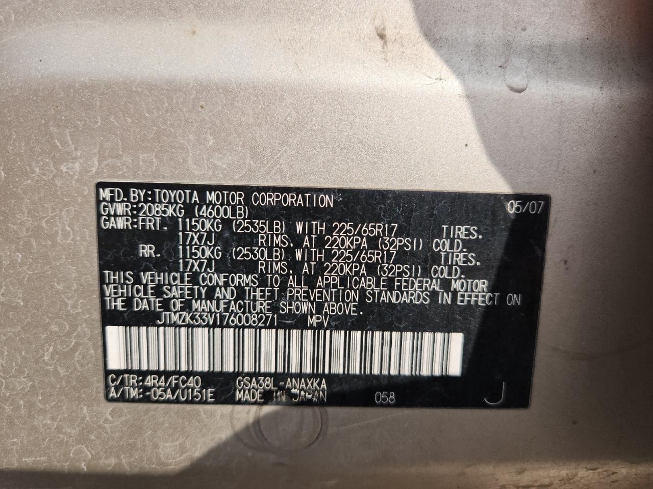 2007 Toyota Rav4 VIN: JTMZK33V176008271 Lot: 87103895