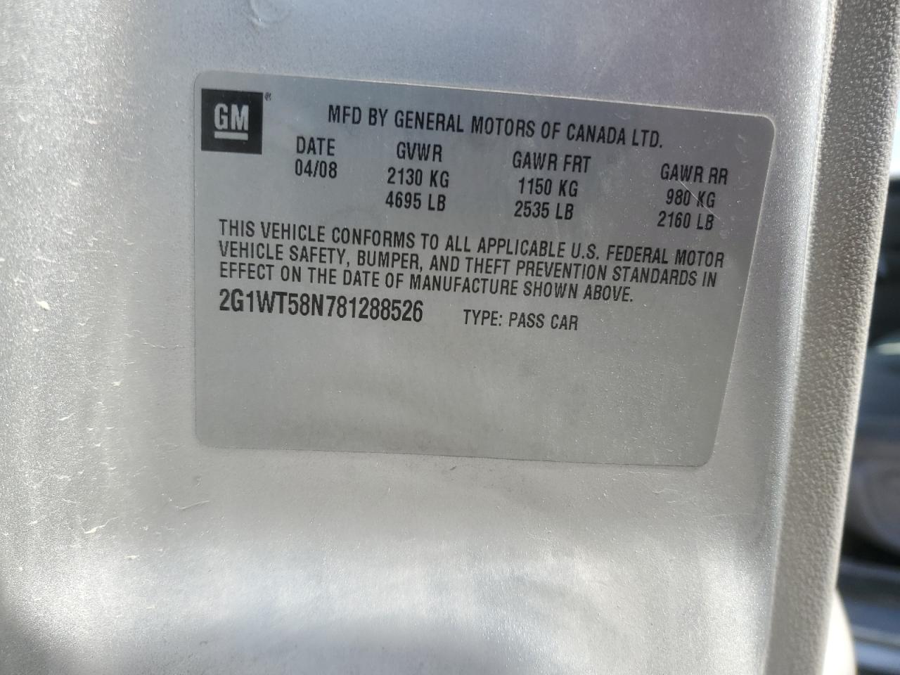 2008 Chevrolet Impala Lt VIN: 2G1WT58N781288526 Lot: 90252435
