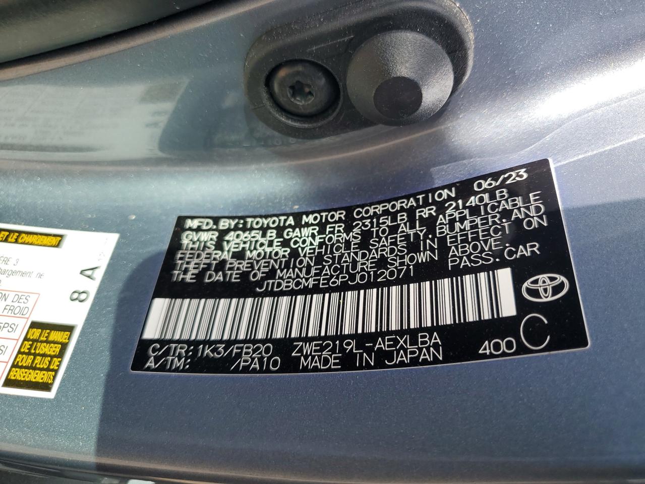 2023 Toyota Corolla Le VIN: JTDBCMFE6PJ012071 Lot: 85009265