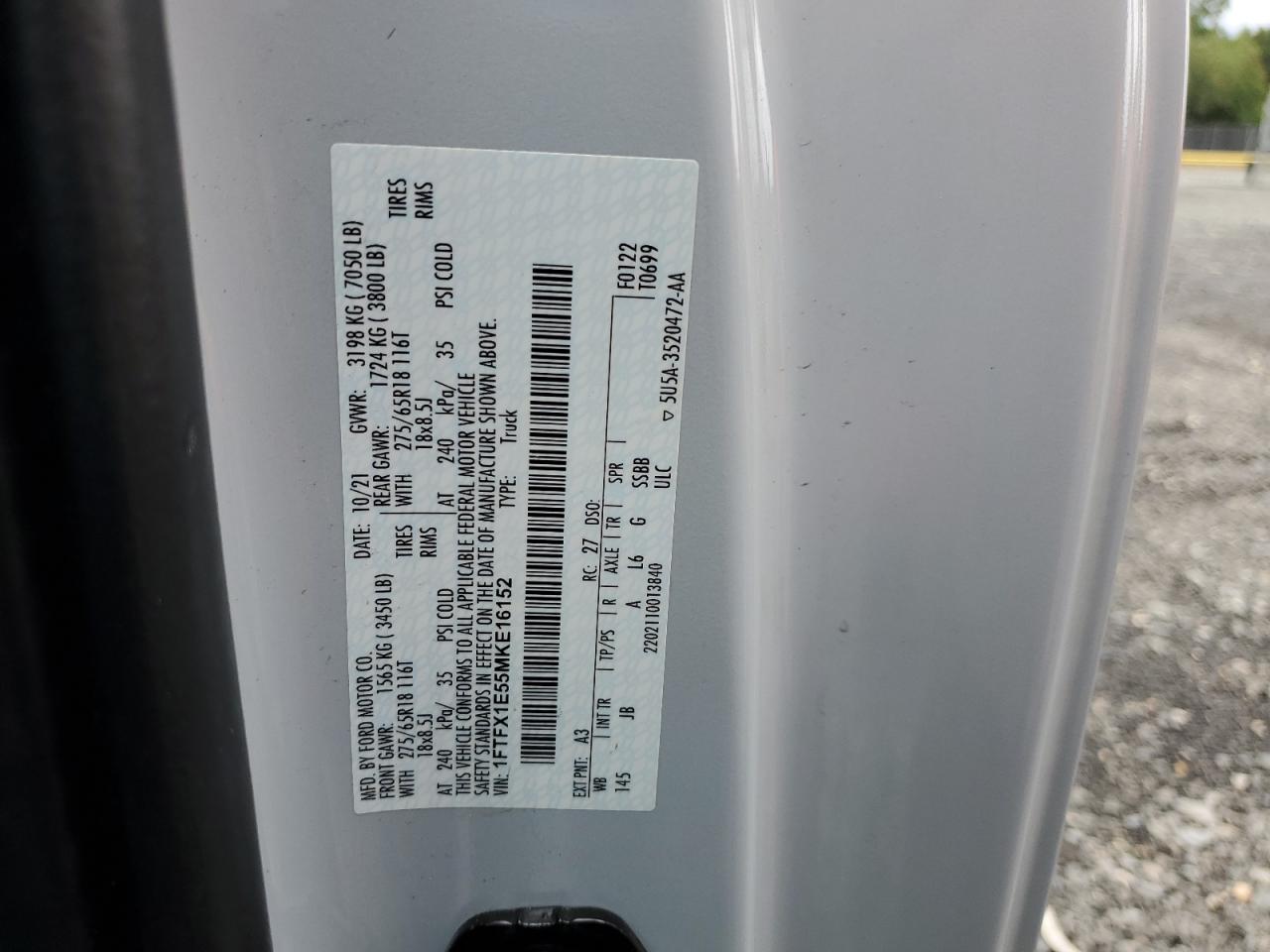 2021 Ford F150 Super Cab VIN: 1FTFX1E55MKE16152 Lot: 85498775