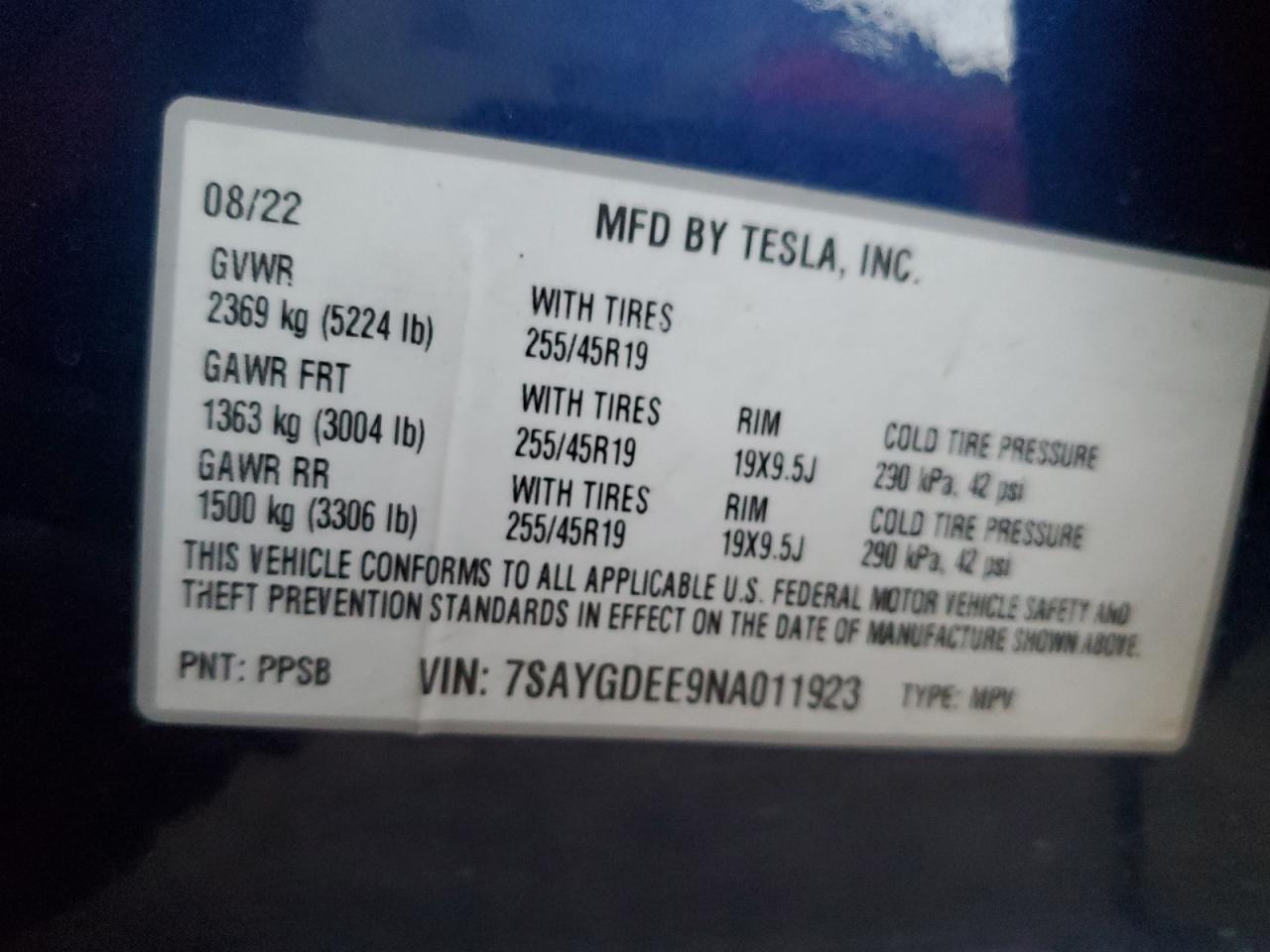 2022 Tesla Model Y VIN: 7SAYGDEE9NA011923 Lot: 90292175
