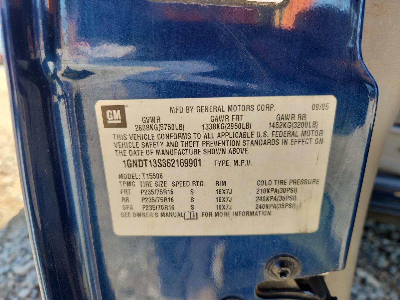 2006 Chevrolet Trailblazer Ls VIN: 1GNDT13S362169901 Lot: 85929315